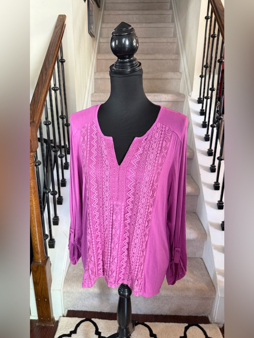 RXB Fuchsia Lace-Panel Split-Neck Tunic
